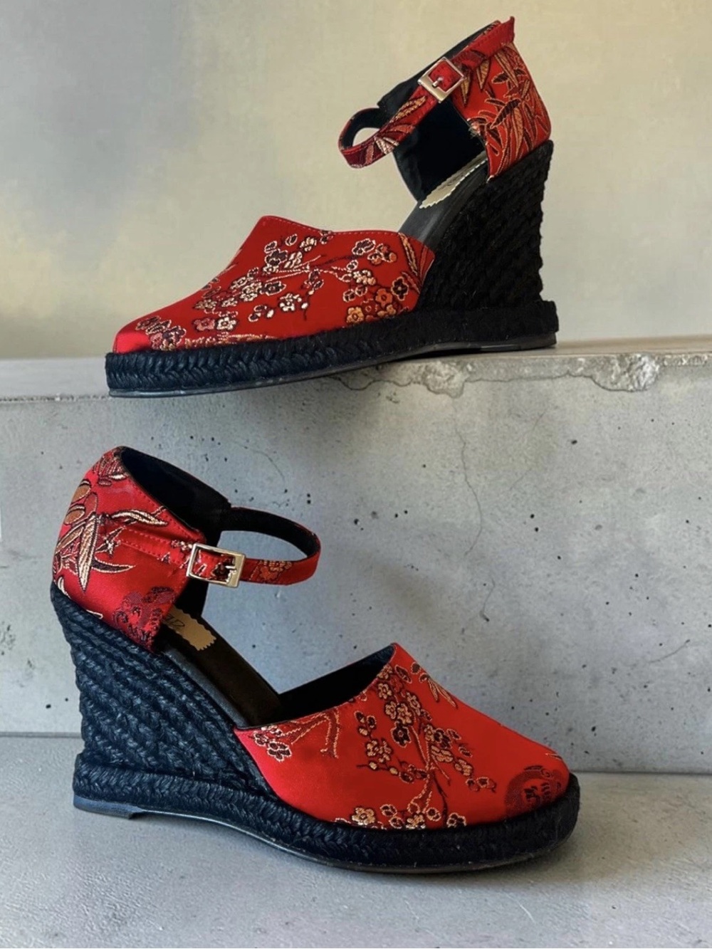 Vintage Y2K Melian Red Asian Floral Jacquard Espadrille Wedge Sandals Sz 36